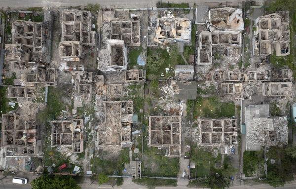 An aerial view of a residential area ruined by the Russian shelling in Irpin close to Kyiv, Ukraine. Picture: AP Photo/Efrem Lukatsky