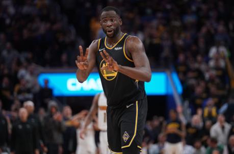 Apr 27, 2022; San Francisco, California, USA; Golden State Warriors forward Draymond Green (23) talks with teammates before an inbounds pass against the Denver Nuggets in the fourth quarter during game five of the first round for the 2022 NBA playoffs at Chase Center. Mandatory Credit: Cary Edmondson-USA TODAY Sports