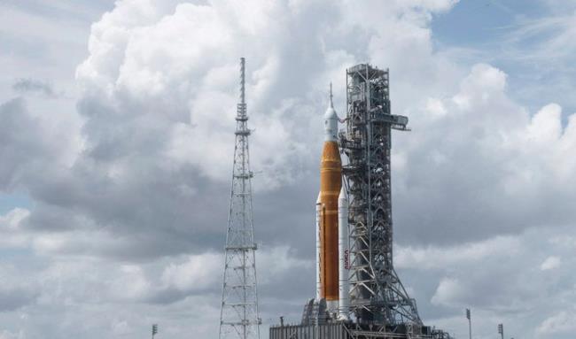 NASA's Space Launch System (SLS) rocket with the Orion spacecraft aboard is seen atop the mobile launcher at Launch Pad 39B, Tuesday, Aug. 30, 2022, in Cape Canaveral, Fla.. (AP)