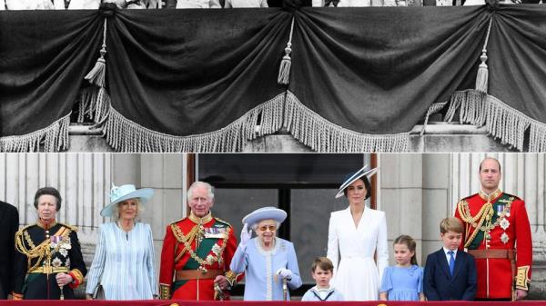 In this file combination of pictures created on June 2, 2022 shows (Top) Britain’s Queen Elizabeth II (2nd L), accompanied by Prince Philip, Duke of Edinburgh (C), Prince Charles (3rd L), Princess Anne (C), Queen mother Elizabeth (3rd R) and Princess Margaret appearing on the balcony of Buckingham Palace, on her Coro<em></em>nation day, on June 2, 1953 in London; and (Down) Britain’s Queen Elizabeth II (C) standing with from left, Britain’s Princess Anne, Princess Royal, Britain’s Camilla, Duchess of Cornwall, Britain’s Prince Charles, Prince of Wales, Britain’s Prince Louis of Cambridge, Britain’s Catherine, Duchess of Cambridge, Britain’s Princess Charlotte of Cambridge, Britain’s Prince George of Cambridge, Britain’s Prince William, Duke of Cambridge, to watch a special flypast from Buckingham Palace balcony following the Queen’s Birthday Parade, the Trooping the Colour, as part of Queen Elizabeth II’s platinum jubilee celebrations, in Lo<em></em>ndon on June 2, 2022.